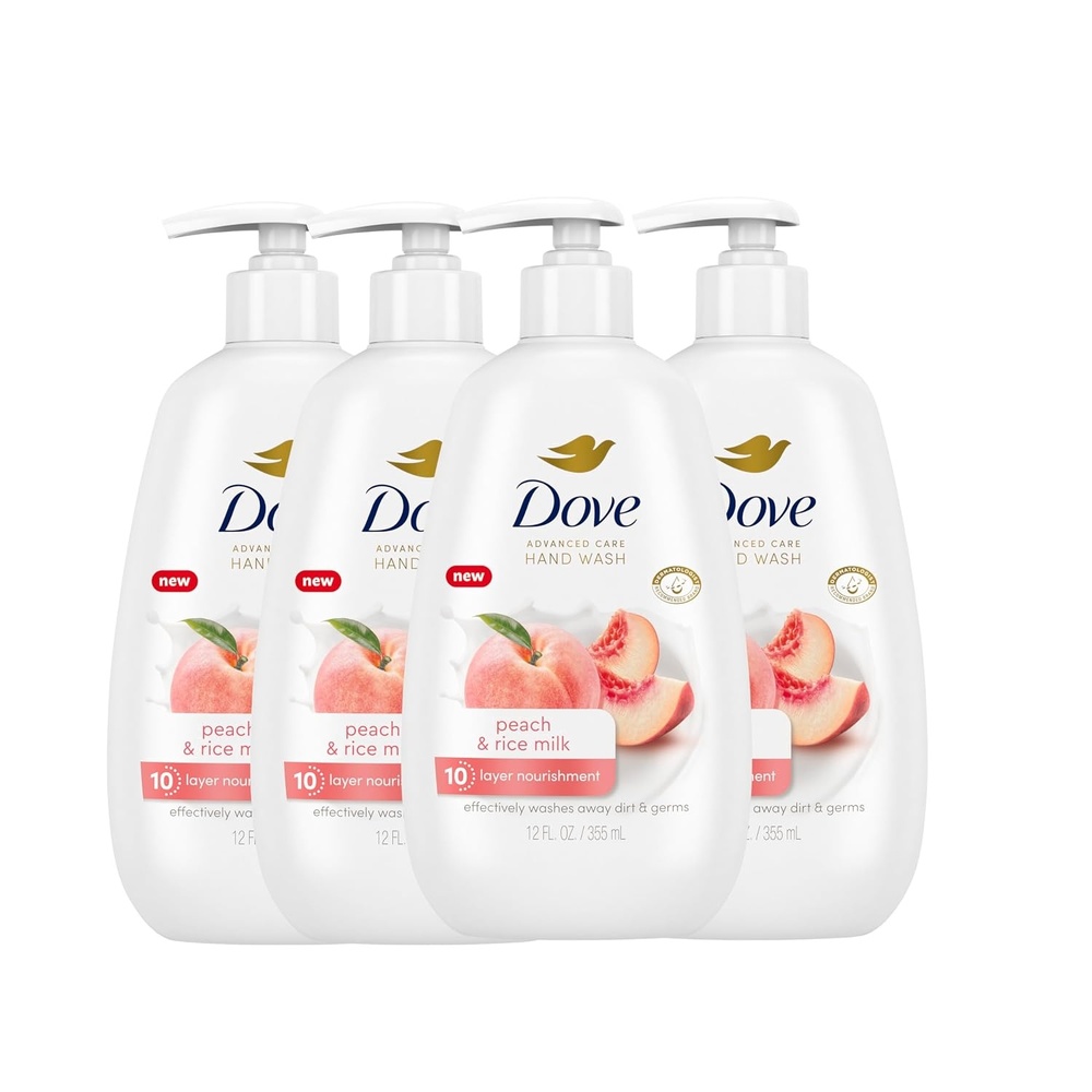 image:imageDove Advanced Care Hand Wash Peach amp Rice Milk 4 Count for Washing Away Dirt amp Germs While Nourishing Skin 10 Layers Deep with Moisture Boost 5X Complex12 Fl Oz Pack of 4