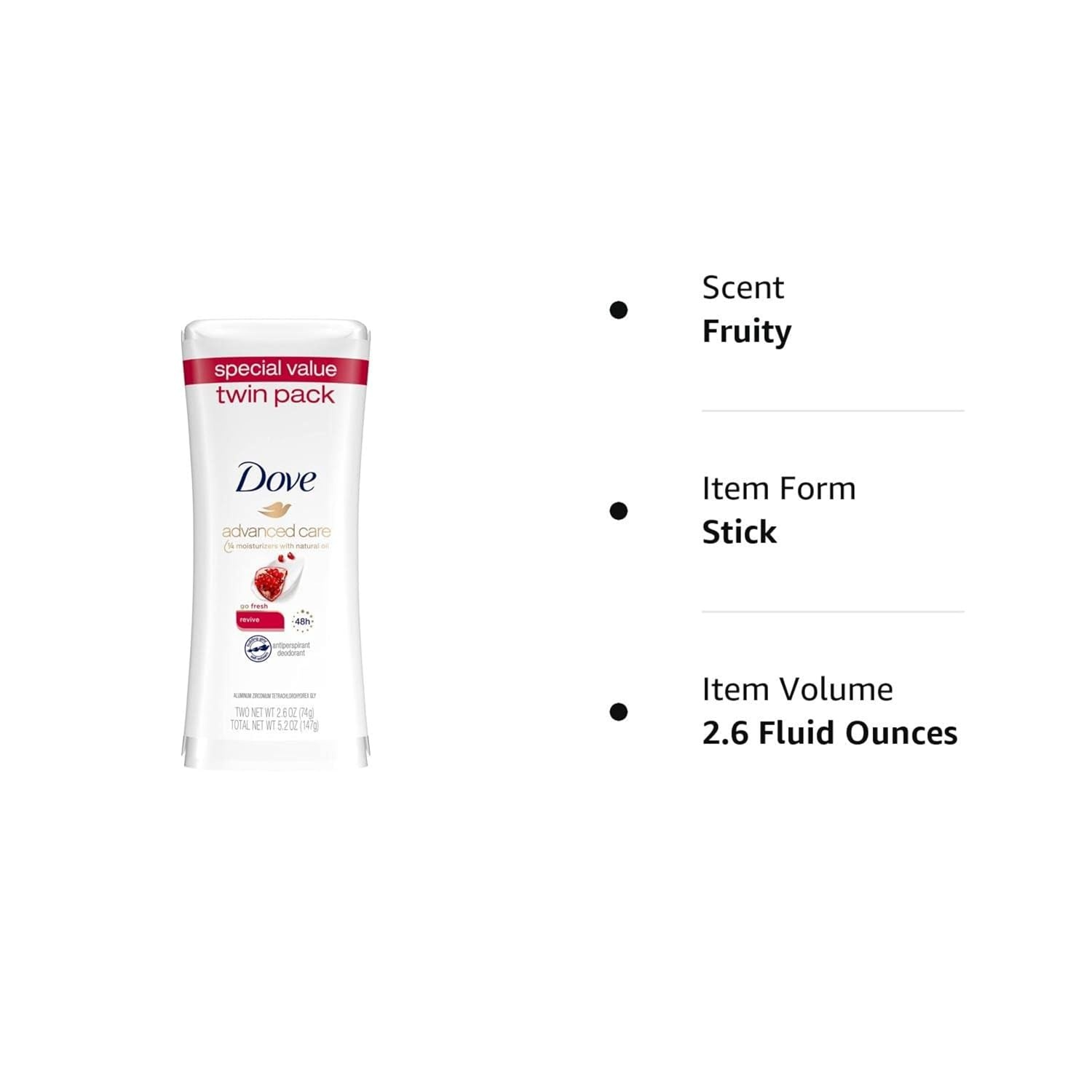 image:imageDove Advanced Care Antiperspirant Stick Revive Pomegrante 2PK 26 oz26 Ounce Pack of 12