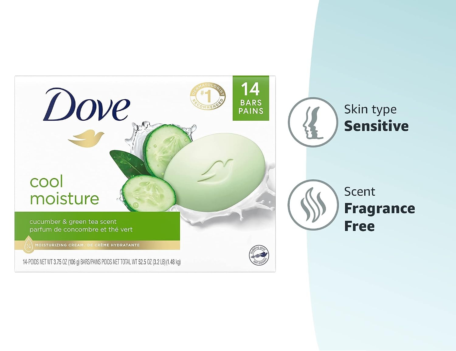 image:imageDove Beauty Bar Soap Cool Moisture Cucumber amp Green Tea Scent 6 Bars 375oz375 Ounce Pack of 14