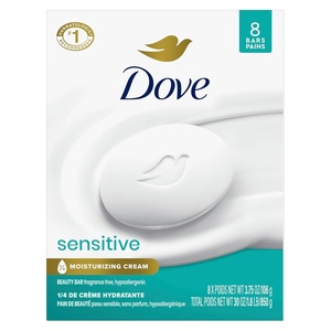 Dove Beauty Bar Soap Sensitive, 8 Bars for Sensitive Skin, Fragrance Free and Hypoallergenic 3.75 oz(Unscented)