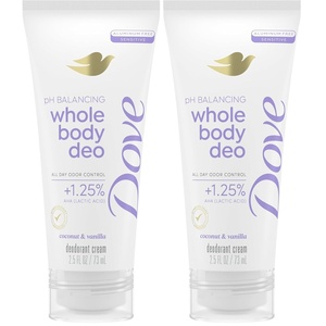 Dove Whole Body Deo Aluminum Free pH Balancing Cream Deodorant Coconut & Vanilla for 72h Odor Control 2.5 oz(2.5 Fl Oz (Pack of 2))