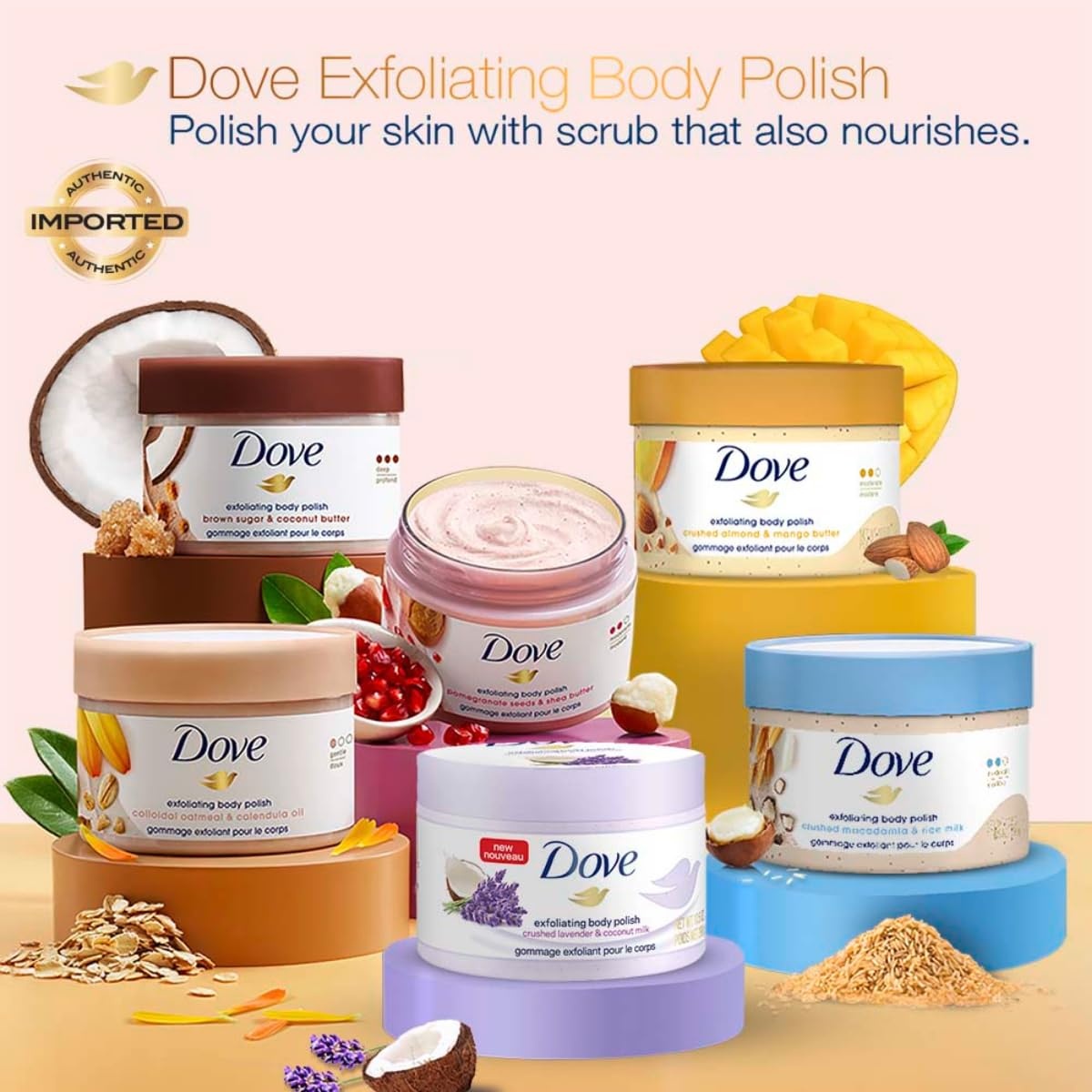 image:imageDove Exfoliating Body Polish Body Scrub Crushed Almond and Mango Butter 4 Count Exfoliating Scrub for Dry Skin Gently Exfoliates to Reveal Healthy Skin 105 ozLavender Coconut Milk