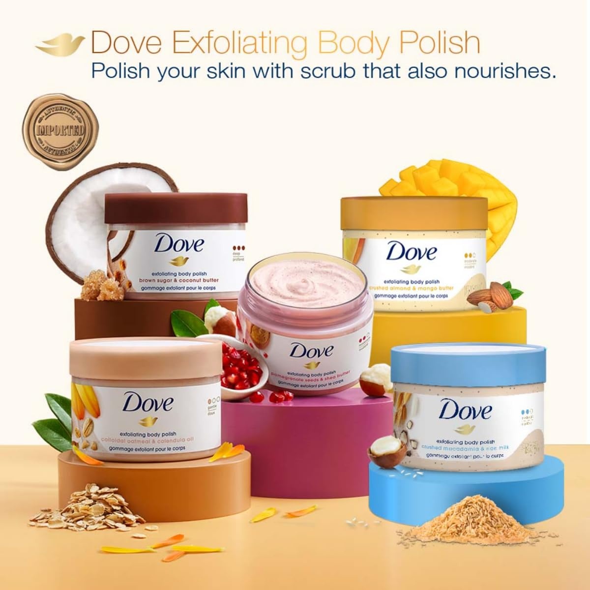 image:imageDove Exfoliating Body Polish Body Scrub Crushed Almond and Mango Butter 4 Count Exfoliating Scrub for Dry Skin Gently Exfoliates to Reveal Healthy Skin 105 ozMango Almond