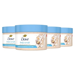 Dove Scrub For Silky Smooth Skin Brown Sugar & Coconut Butter Body Scrub Exfoliates & Restores Skin’s Natural Nutrients, 10.5 oz, 4 Count(Crushed Macadamia and Rice Milk)