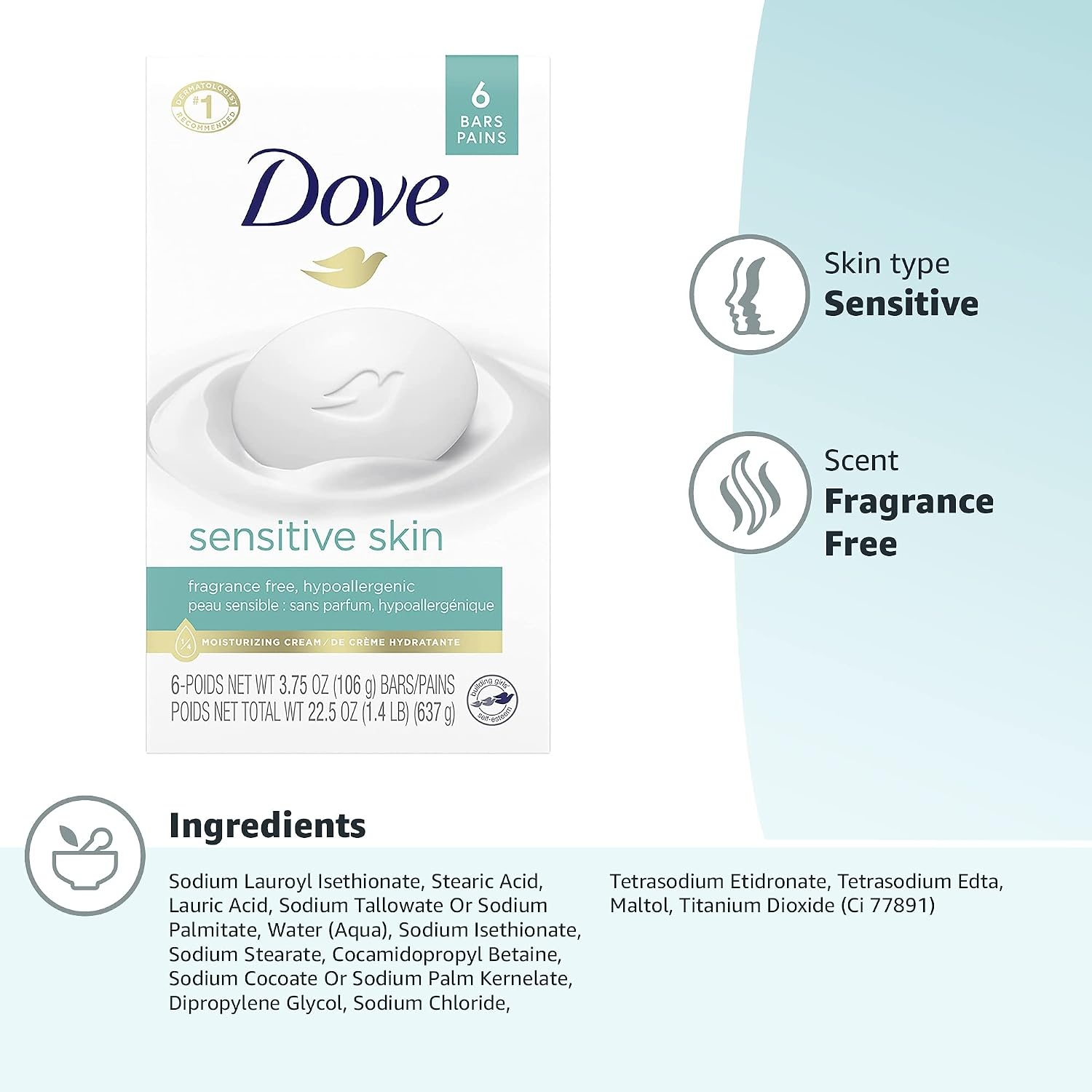 image:imageDove Beauty Bar Soap Sensitive 375 oz 6 Bars375 Ounce Pack of 72
