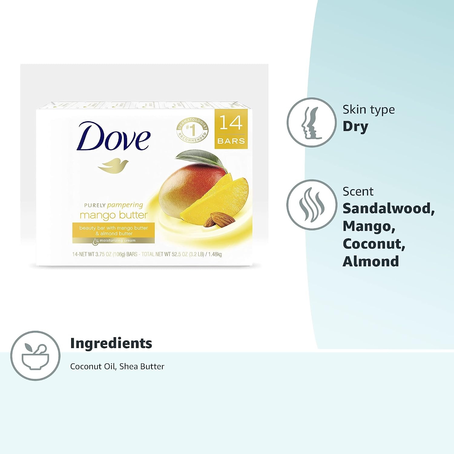 image:imageDove Beauty Bar With Mango Butter 14 Bars To Moisturize Dry Skin More Moisturizing Than Bar Soap 375 oz375 Ounce Pack of 14