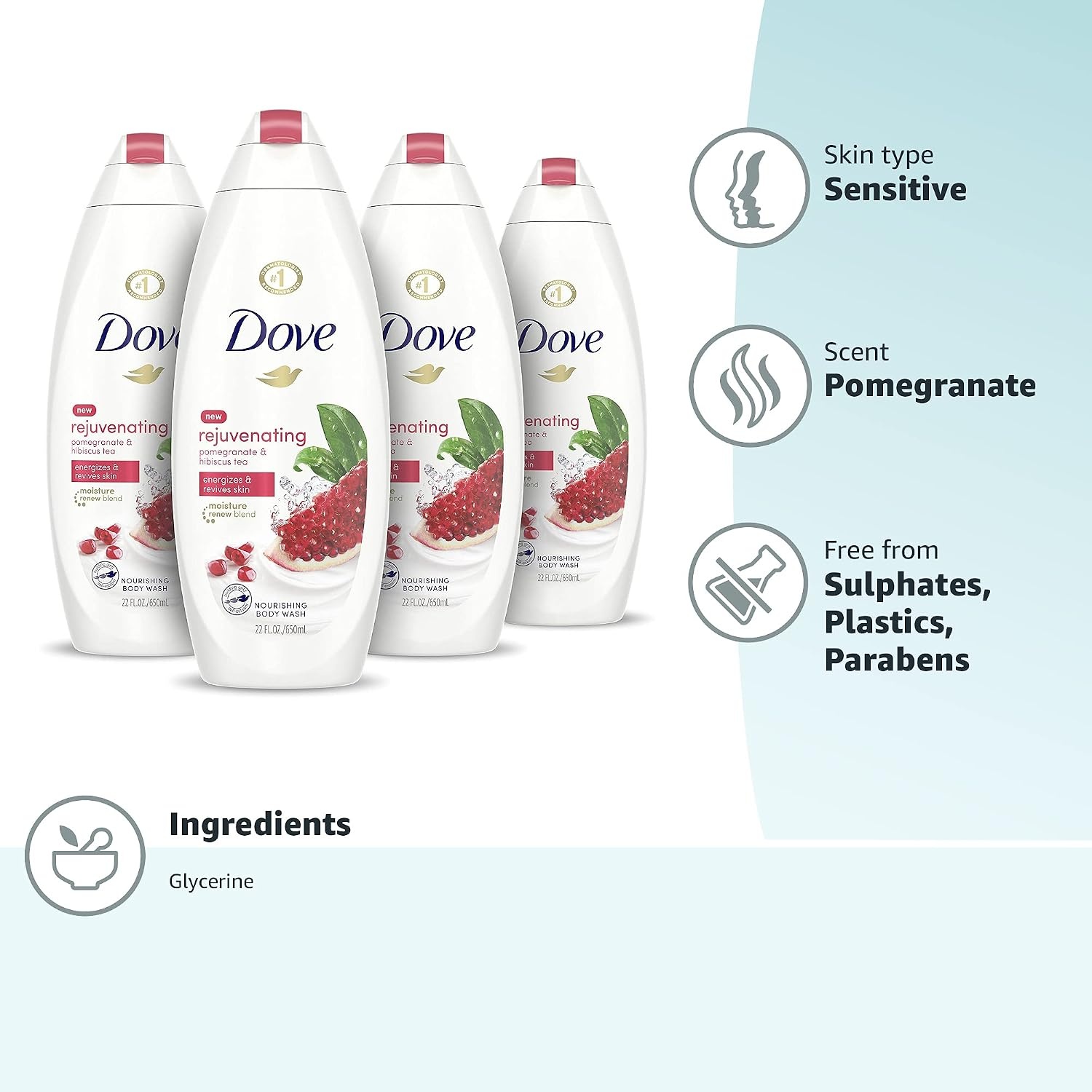image:imageDove Body Wash for Softer Smoother Skin After Just One Use Rejuvenating Pomegranate and Hibiscus Tea Effectively Washes Away Bacteria While Nourishing Your Skin 22 Fl Ounce Pack of 4Pomegranate and Hibiscus Tea