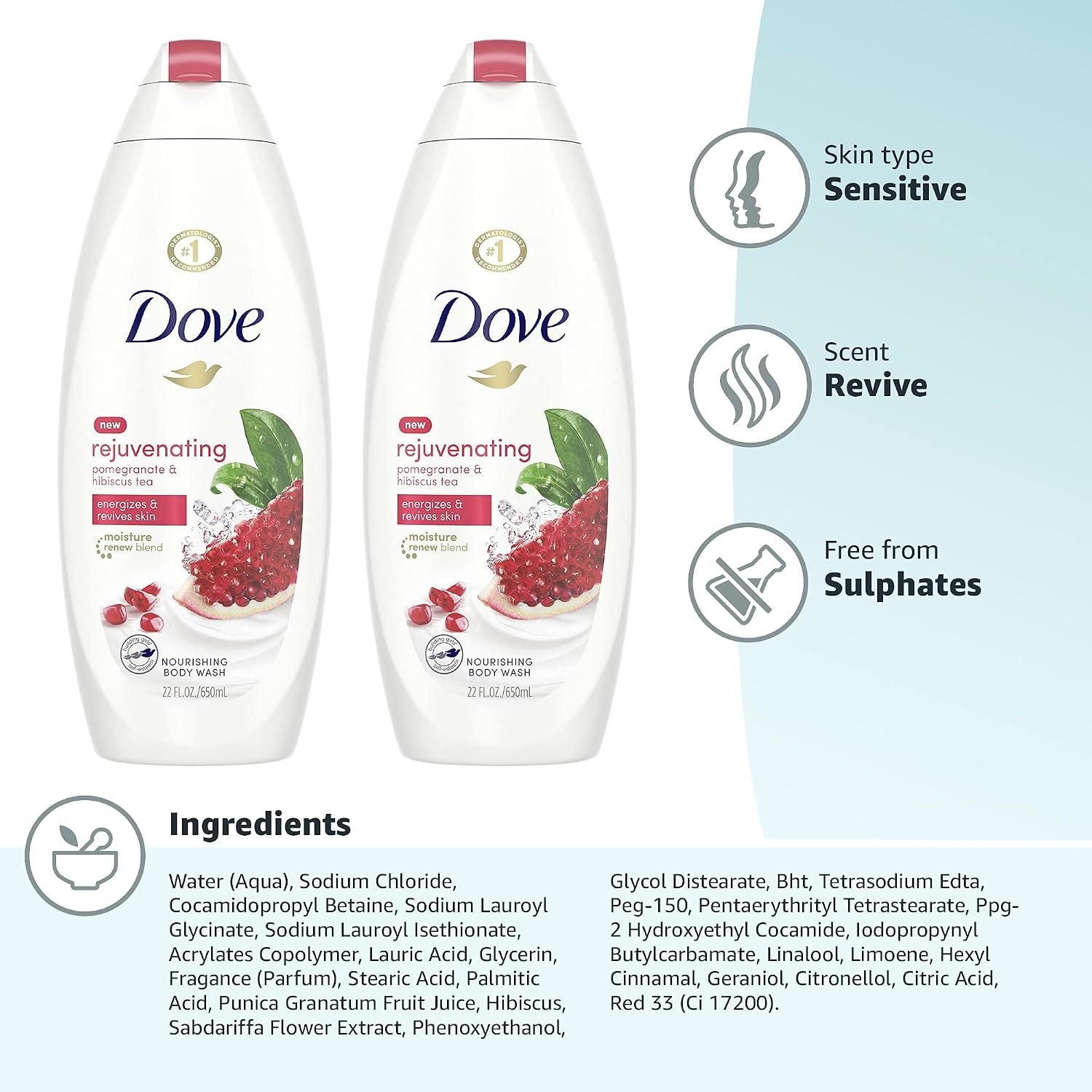 image:imageDove Body Wash for Softer Smoother Skin After Just One Use Rejuvenating Pomegranate and Hibiscus Tea Effectively Washes Away Bacteria While Nourishing Your Skin 22 Fl Ounce Pack of 4Revive