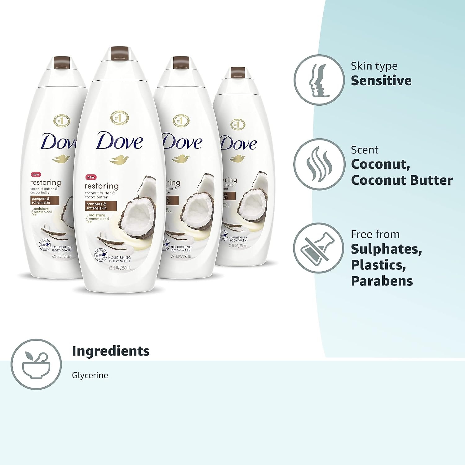 image:imageDove Purely Pampering Body Wash for Dry Skin Coconut Butter and Cocoa Butter Effectively Washes Away Bacteria While Nourishing Your Skin 22 oz 4 count22 Fl Oz Pack of 4