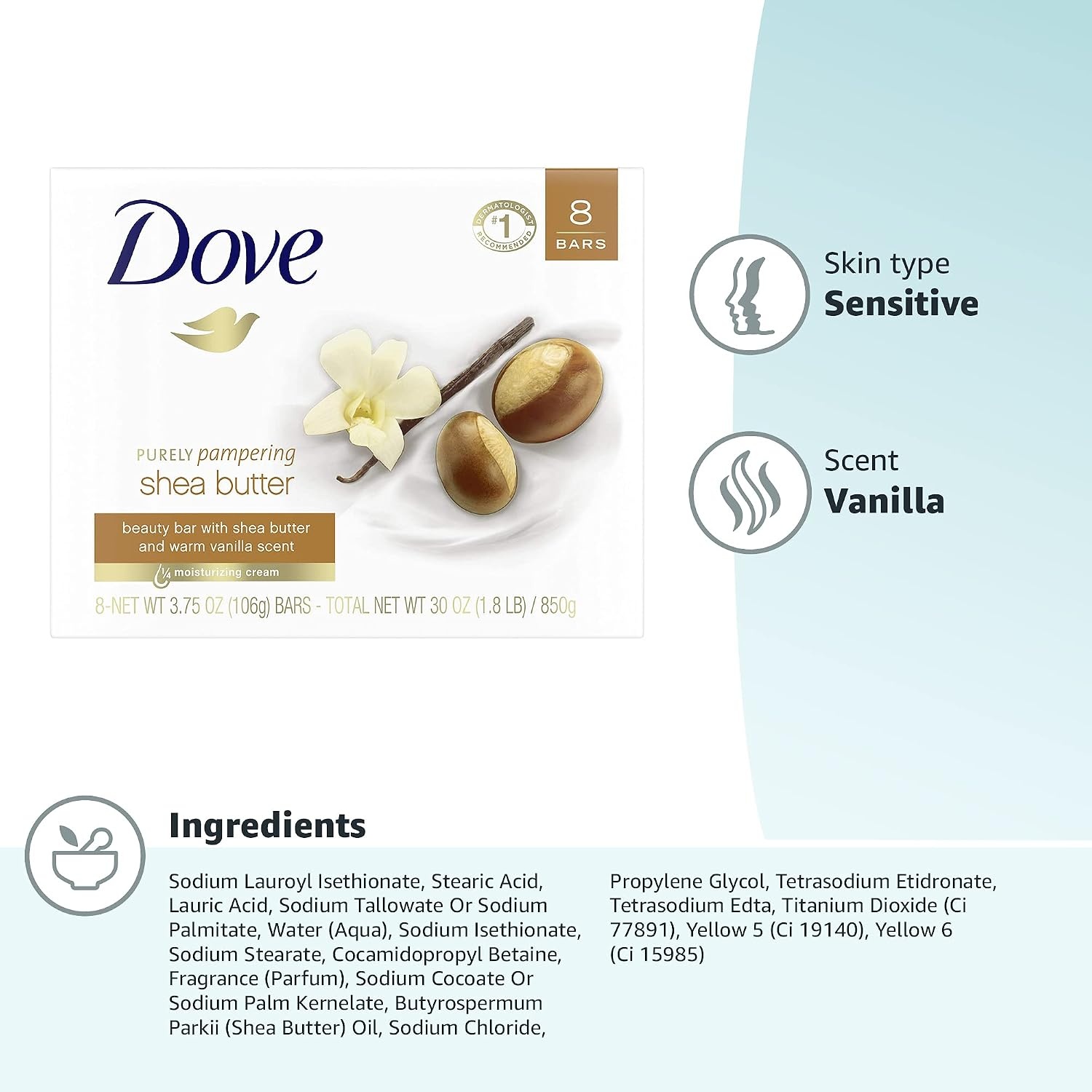 image:imageDove Shea Butter Beauty Bar Soap 8 Count Cleanser 375 oz I beauty bar375 Ounce Pack of 72