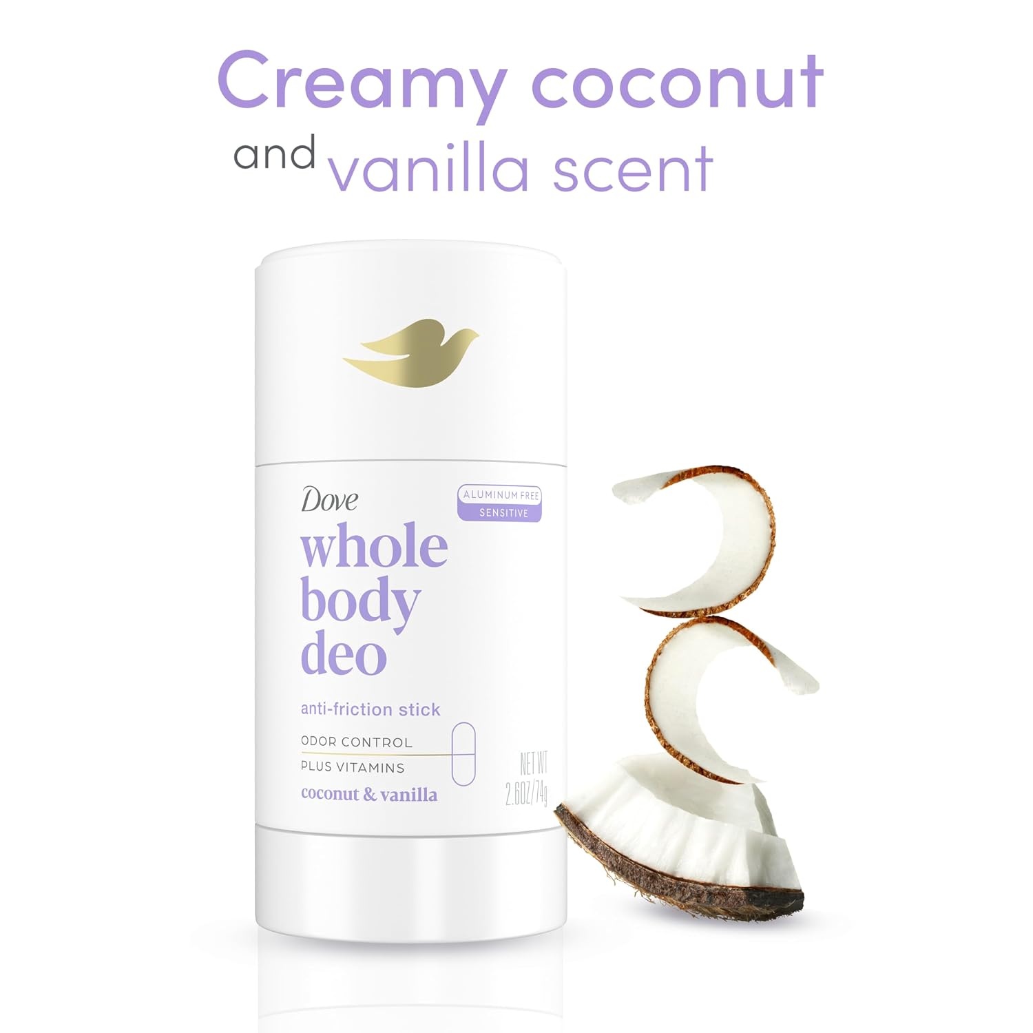 image:imageDove Whole Body Deo Aluminum Free AntiFriction Deodorant Stick Coconut Vanilla for All Day Odor Control 26 ozCoconut Vanilla