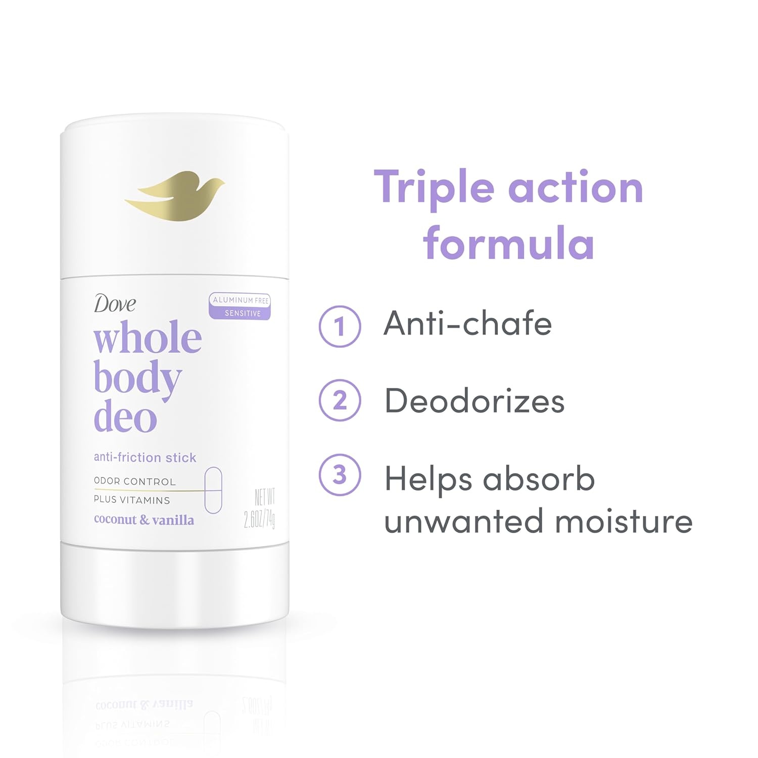 image:imageDove Whole Body Deo Aluminum Free AntiFriction Deodorant Stick Coconut Vanilla for All Day Odor Control 26 ozCoconut Vanilla
