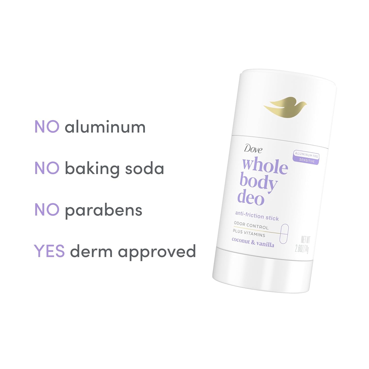 image:imageDove Whole Body Deo Aluminum Free AntiFriction Deodorant Stick Coconut Vanilla for All Day Odor Control 26 ozCoconut Vanilla