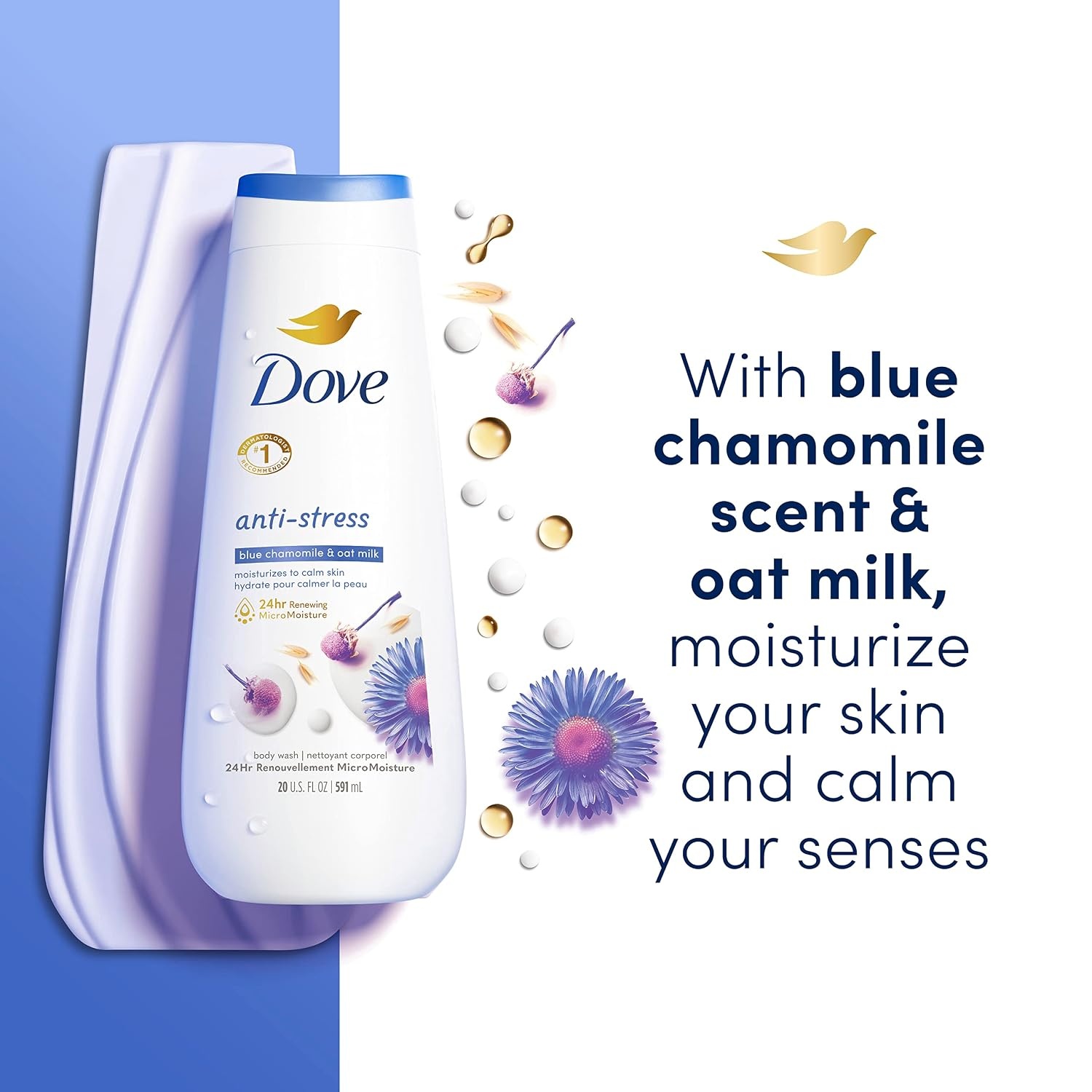 image:imageDove Body Wash AntiStress Blue Chamomile amp Oat Milk 4 Count for Renewed HealthyLooking Skin Moisturizing Gentle Skin Cleanser with 24hr Renewing MicroMoisture 20 ozBlue Chamomile Oat Milk